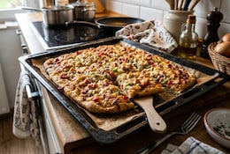 Schüttelpizza auf einem Backblech in einer Küche