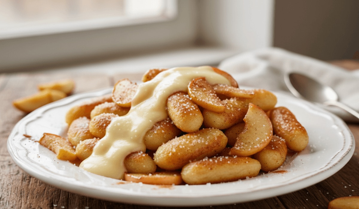 Süße Schupfnudeln mit Äpfeln, Zimt und Vanillesoße