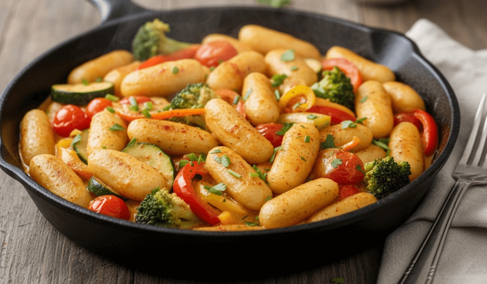Schwarze Pfanne mit Schupfnudeln, Gemüse und Paprika-Sahnesoße