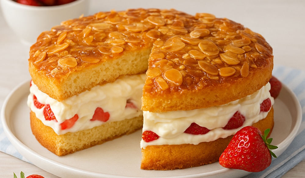 Bienenstich Torte mit Sahne-Erdbeer Füllung