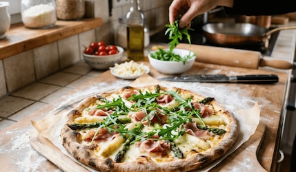 Pizza belegt mit Schinken, Mozzarella und Spargel