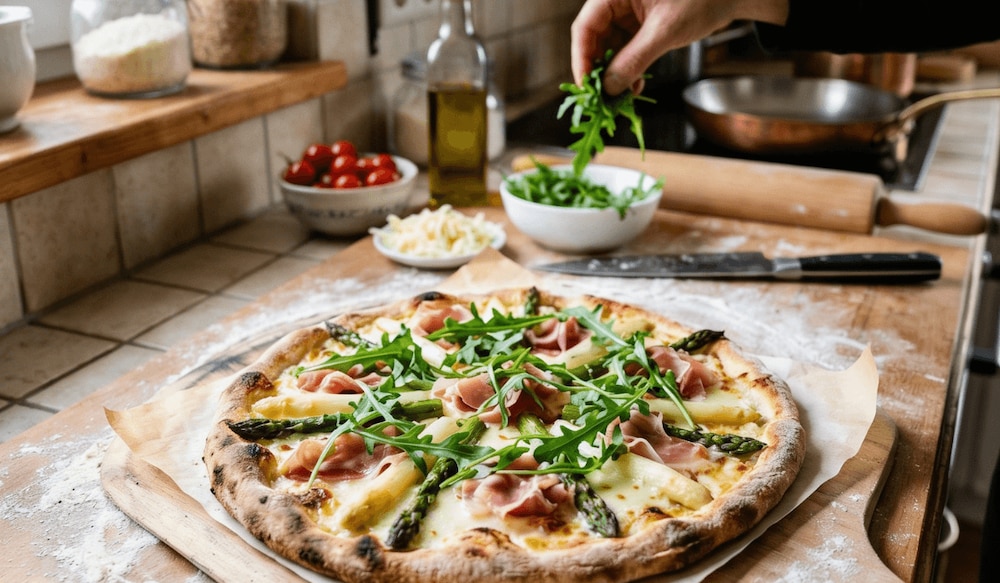 Pizza belegt mit Schinken, Mozzarella und Spargel