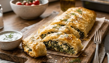 Frischgebackener Spinat-Feta-Strudel, der auf einem Holzbrett serviert ist zusammen mit frischem Kräuterquark