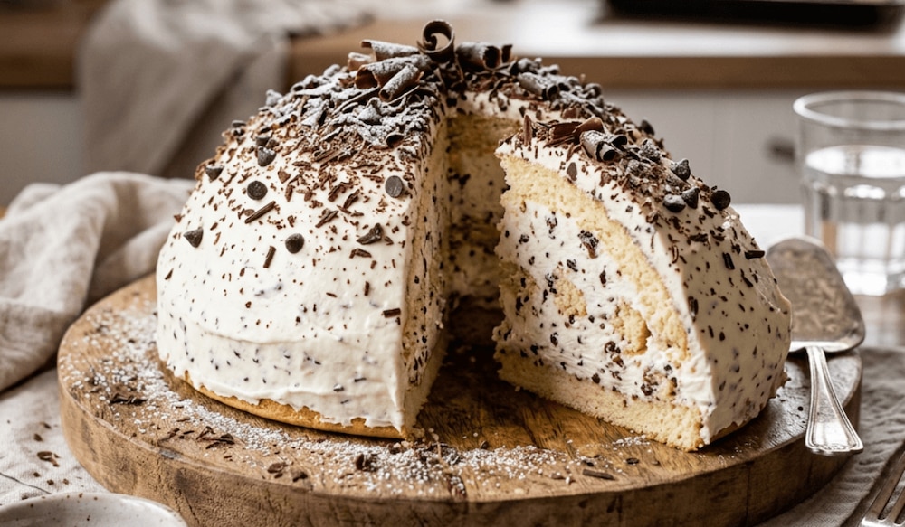 Frisch gebackene Stracciatella-Kuppeltorte, angerichtet auf einem runden Holzbrett