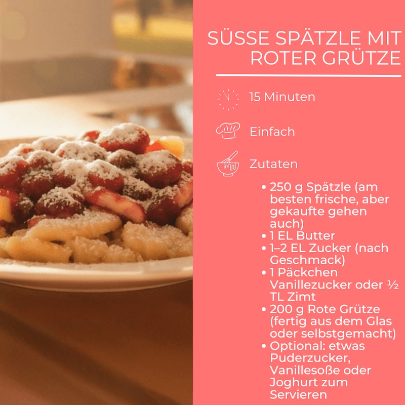 Rezeptkarte mit Zutaten für süße Spätzle mit Roter Grütze