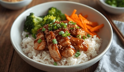 Weiße Schüssel mit Reis, Brokkoli, Möhren und Hähnchen übergossen mit Teriyaki-Soße und Sesam