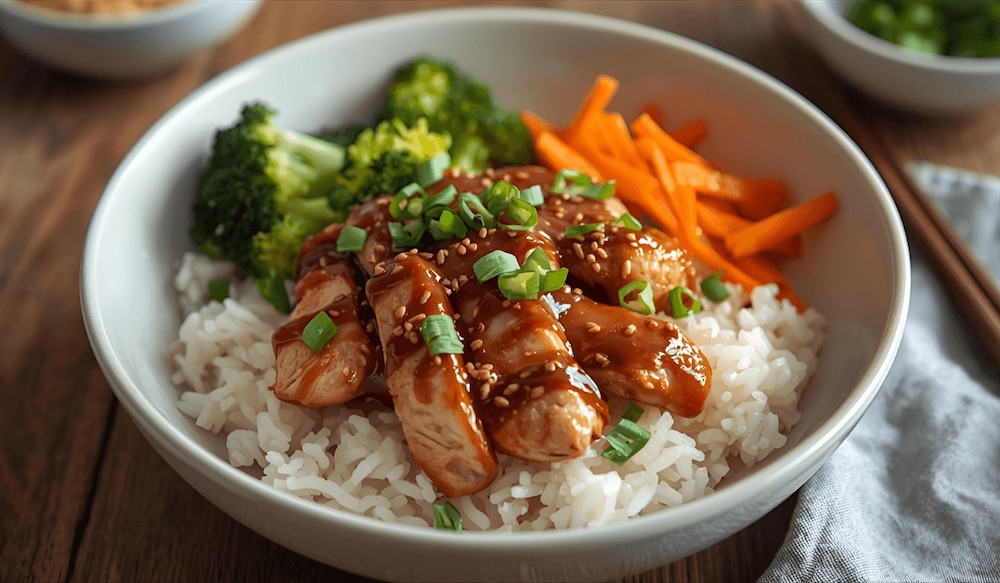 Weiße Schüssel mit Reis, Brokkoli, Möhren und Hähnchen übergossen mit Teriyaki-Soße und Sesam