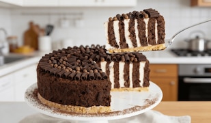 Tiramisu-Wickeltorte auf einem Kuchenteller in einer Küche