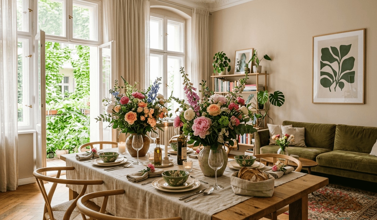 Florale Tischdeko mit großen Blumenbouquet