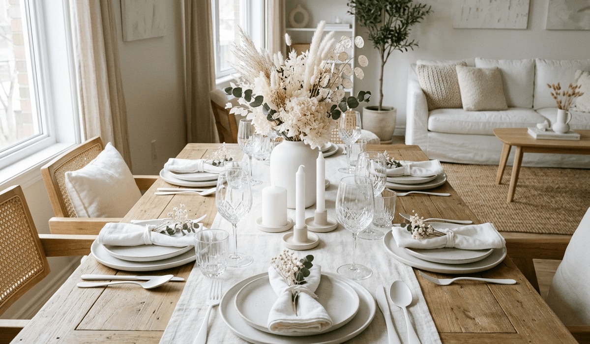 Holztisch mit schlichter, stilvoller, weißer Tischdekoration