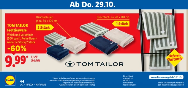 Tom Tailor Handtücher im Lidl Prospekt 29.10.2026