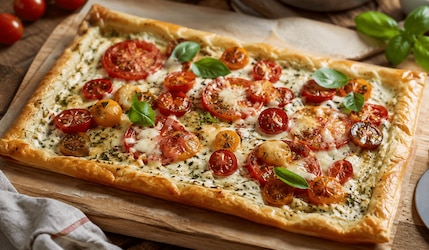 Tomaten-Blätterteig-Pizza mit Kräuterfrischkäse: Das schnelle Rezept
