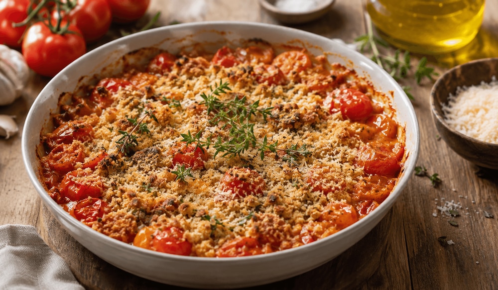 Herzhafter Tomaten-Crumble mit knusprigen Parmesanstreuseln