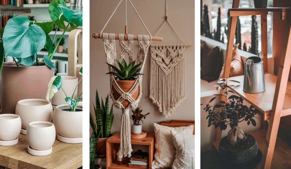 Blumentöpfe, Makrame und Gießkanne als Pflanzentrends und Accessoires