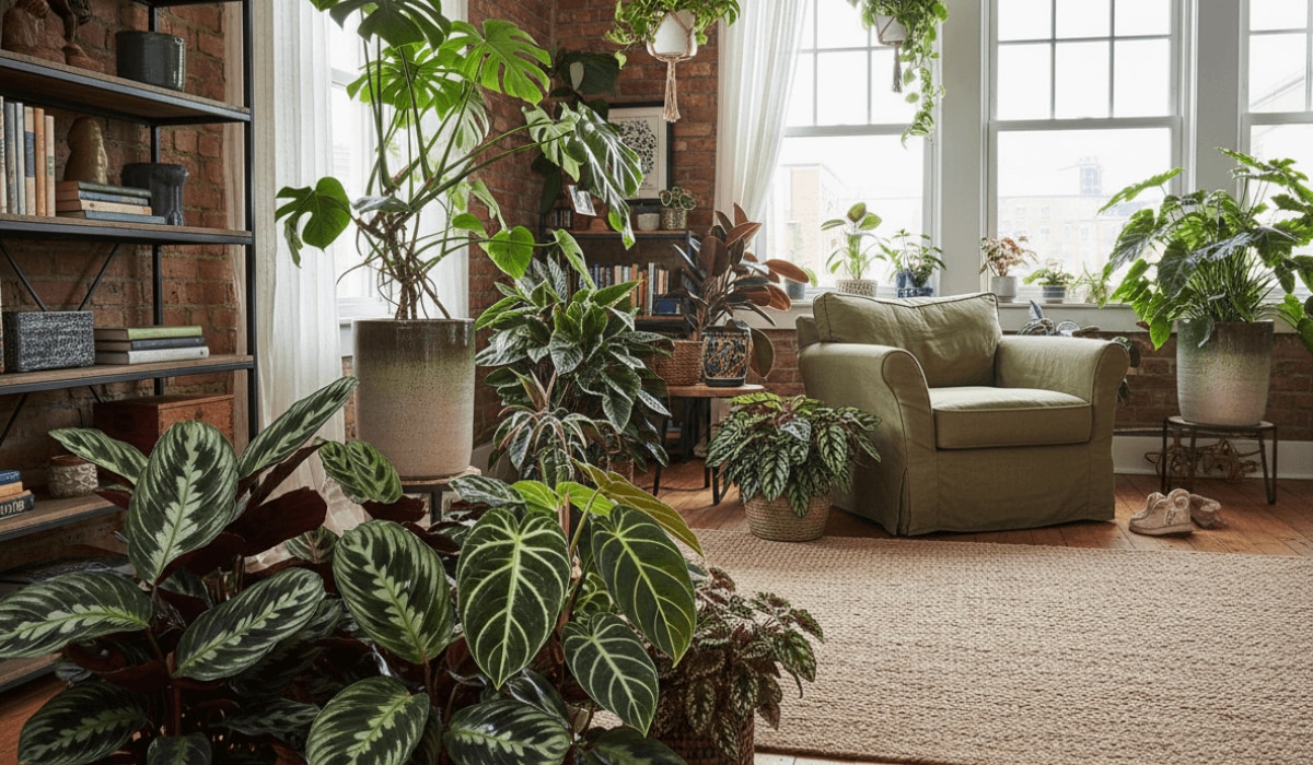 Wohnzimmer im urbanen Look mit vielen mehrfarbigen Pflanzen