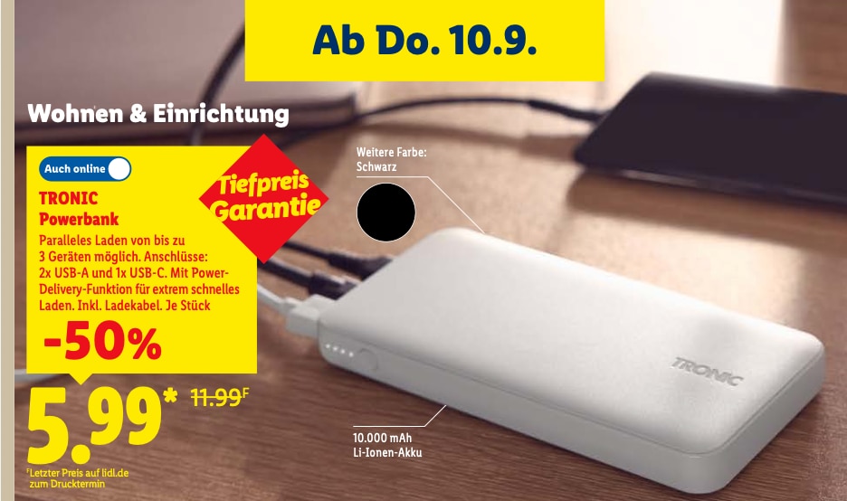 Tronic Powerbank im Lidl Prospekt ab 10.09.2026