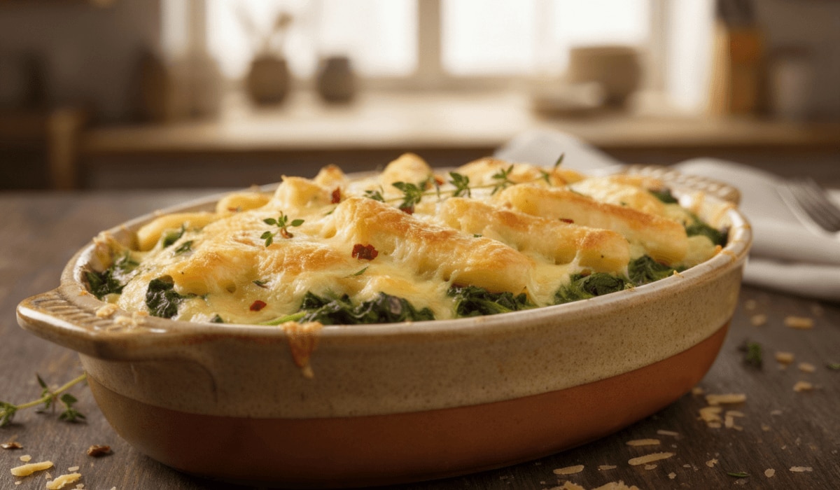 überbackene Schupfnudeln mit Spinat und Käse