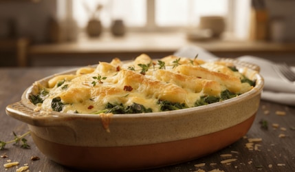 Eine gefüllte Auflaufform mit Schupfnudeln, Spinat und Käse überbacken auf einer Küchenzeile