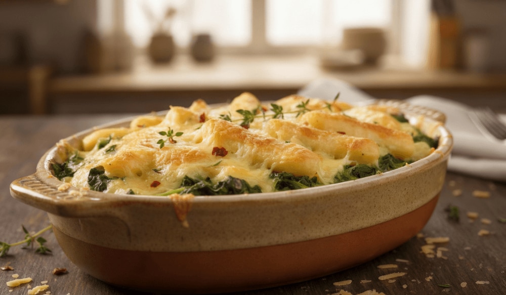Eine gefüllte Auflaufform mit Schupfnudeln, Spinat und Käse überbacken auf einer Küchenzeile