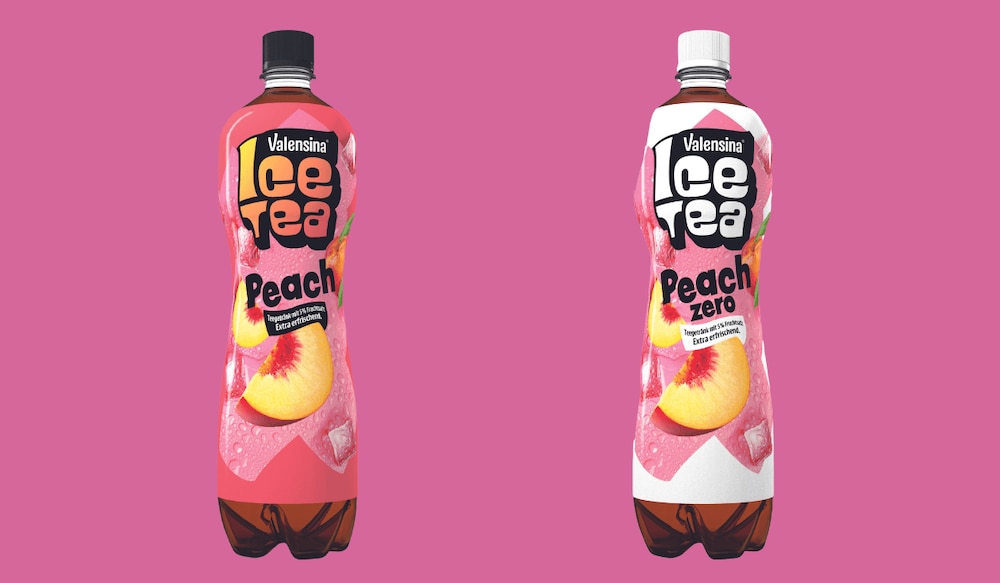 Valensina IceTea Peach in zwei Sorten Packshots vor pinkem Hintergrund