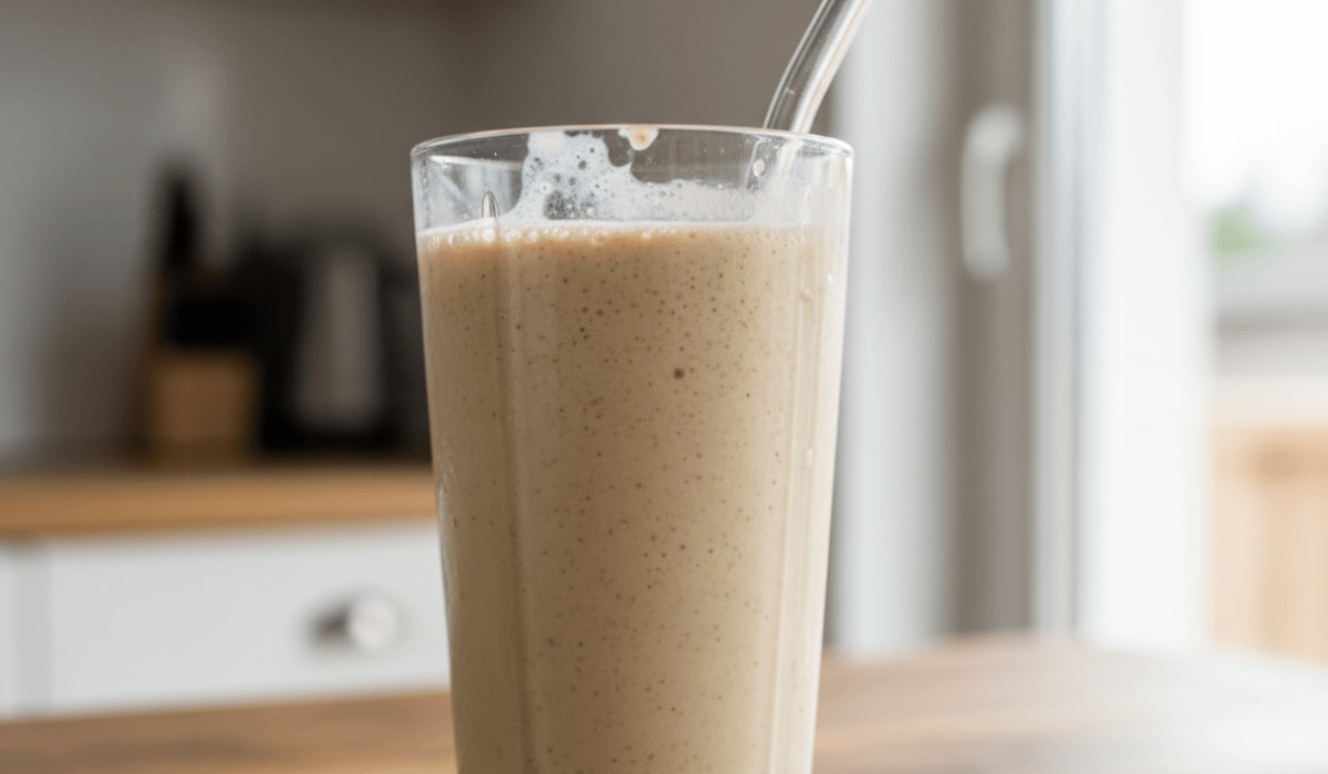 Veganer Proteinshake mit Kichererbsen in einem Glas mit Strohhalm