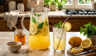 Frisch zubereitete Yuzu-Limonade in einer Karaffe und einem Glas serviert mit einem Strohhalm und frischer Minze.