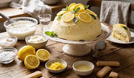 Eine frischgebackene Zitronen-Kuppeltorte serviert auf einem weißen Teller angerichtet mit frischen Zitronen. Auf dem Tisch befinden sich auch die. Zutaten wie Löffelbiskuit, frische Zitronen, Sahne und Co.
