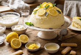 Eine frischgebackene Zitronen-Kuppeltorte serviert auf einem weißen Teller angerichtet mit frischen Zitronen. Auf dem Tisch befinden sich auch die. Zutaten wie Löffelbiskuit, frische Zitronen, Sahne und Co.