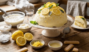 Eine frischgebackene Zitronen-Kuppeltorte serviert auf einem weißen Teller angerichtet mit frischen Zitronen. Auf dem Tisch befinden sich auch die. Zutaten wie Löffelbiskuit, frische Zitronen, Sahne und Co.