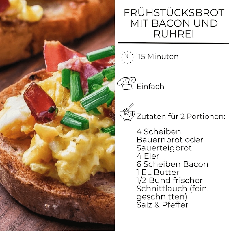 Zutatenliste Brot mit Rührei und Bacon