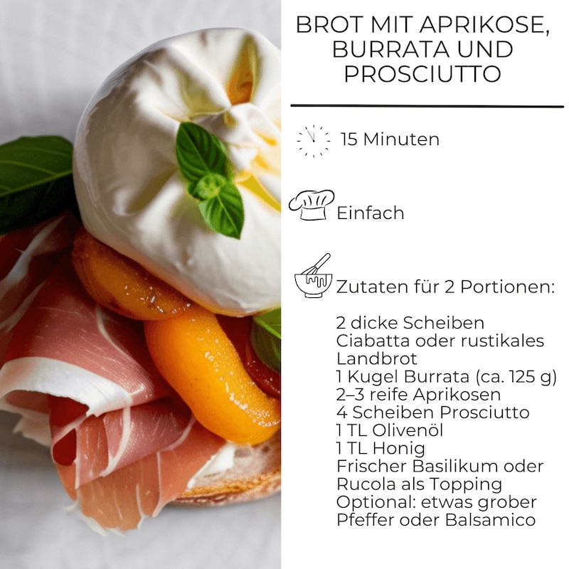 Zutatenliste für Brot mit Aprikose, Burrata und Prosciutto