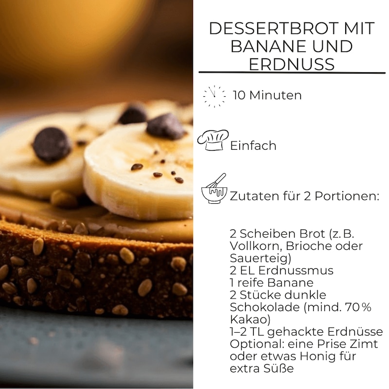 Zutatenliste für Brot mit Banane, Erdnuss und Schokolade
