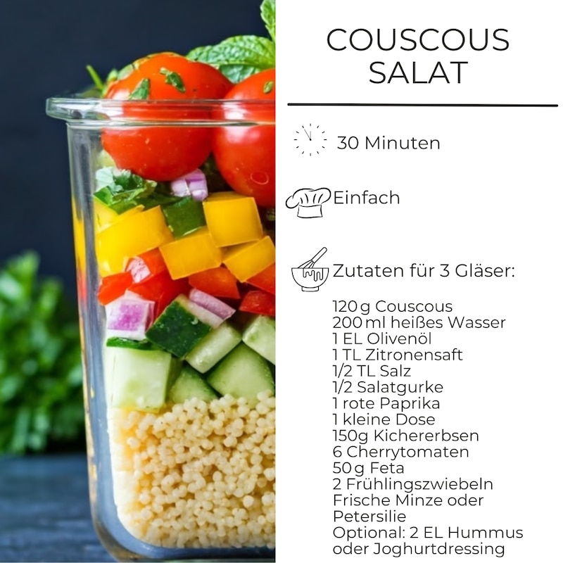 Zutatenliste für Couscous-Salat im Glas