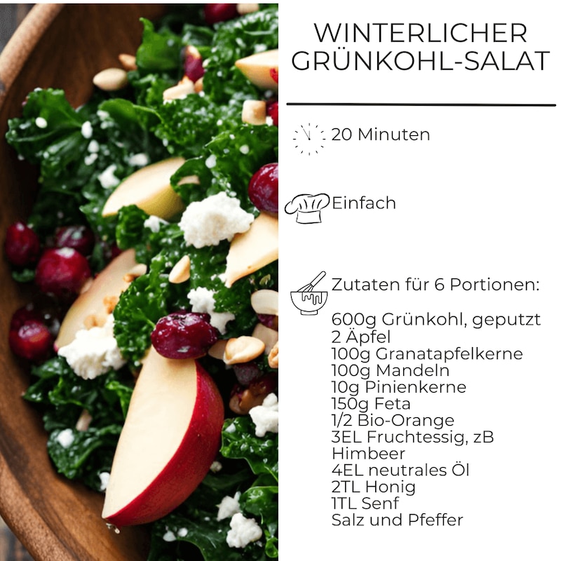 Zutatenliste für Grünkohl-Salat mit Apfel und Nüssen