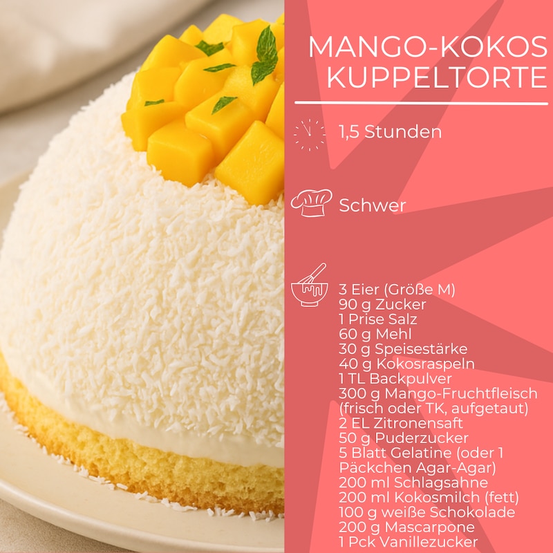 Zutatenliste für Mango-Kokos-Kuppektorte