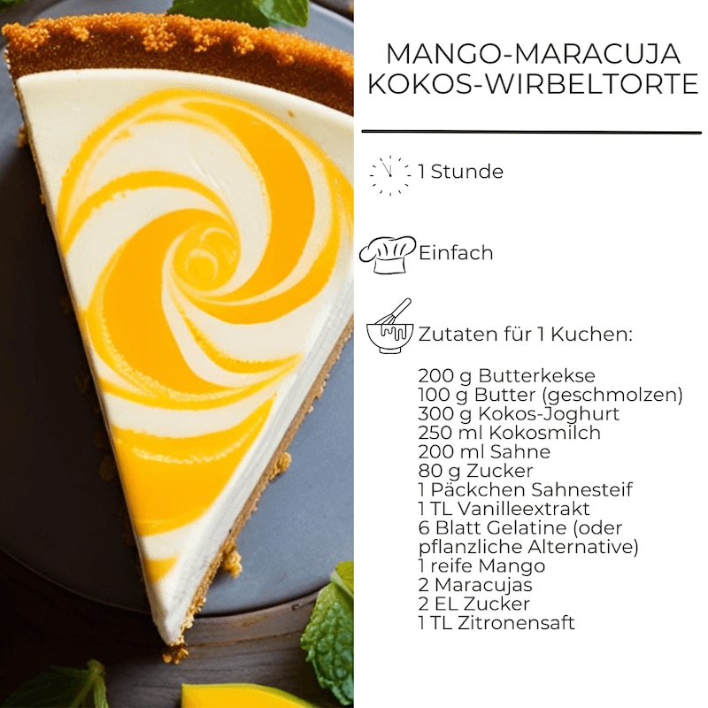 Zutatenliste für Mango-Maracuja Kokos-Wirbeltorte