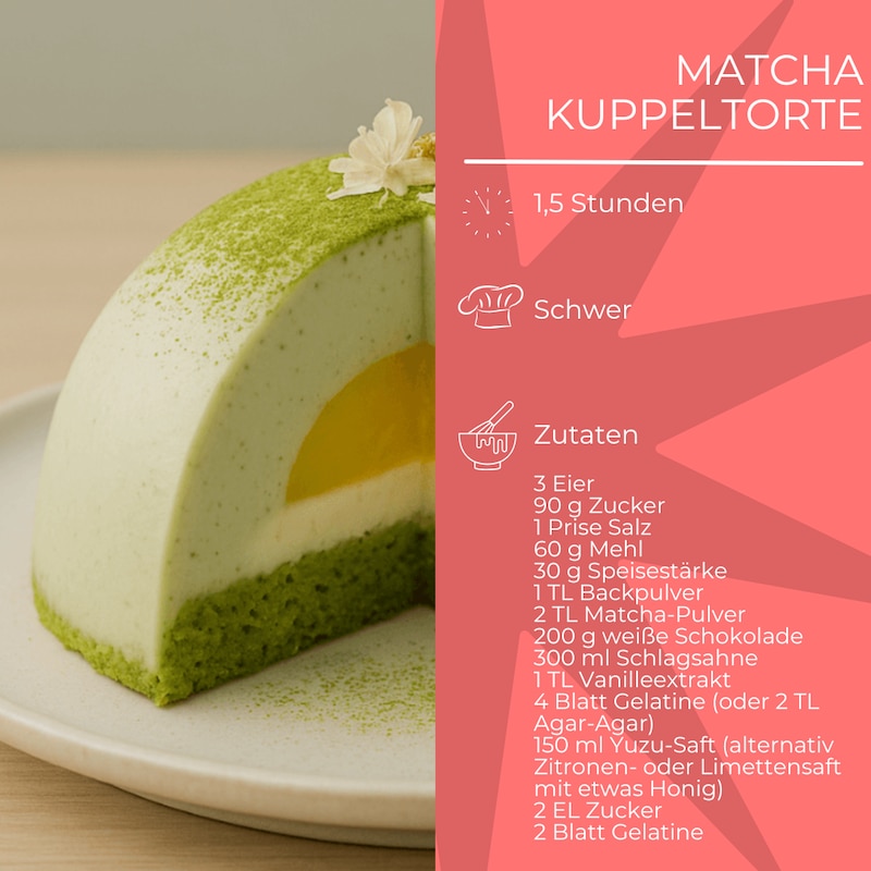 Zutatenliste für Matcha-Kuppeltorte mit weißer Schokolade