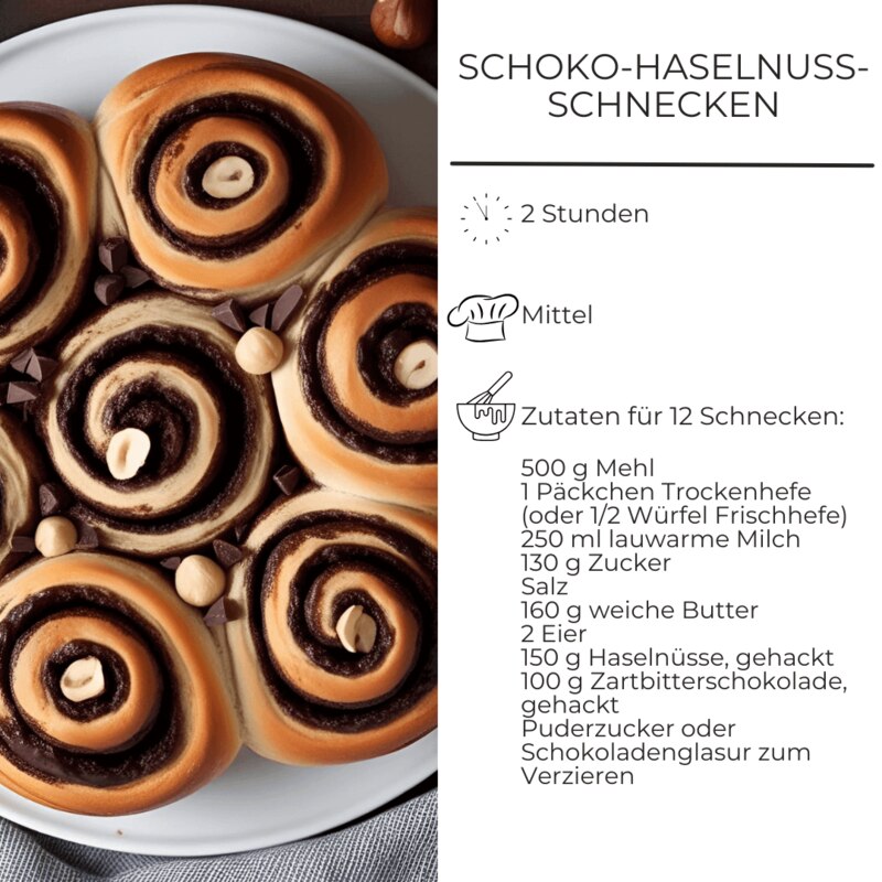 Zutatenliste für Schoko-Haselnuss-Schnecken