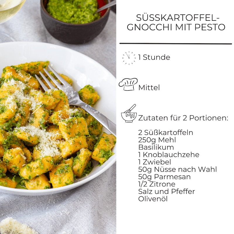 Zutatenliste für Süßkartoffel Gnocchi mit Pesto