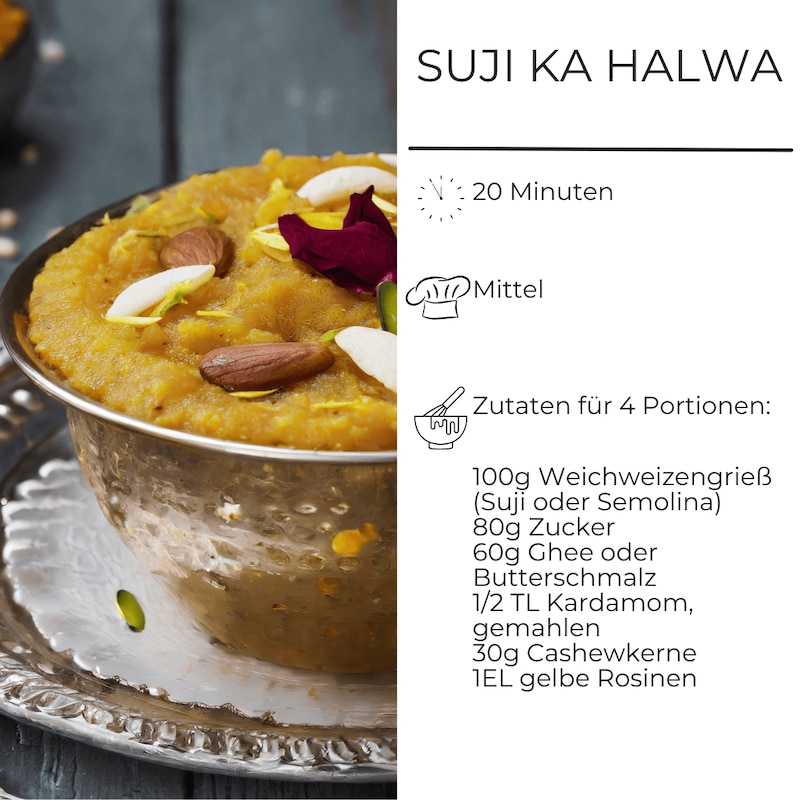 Zutatenliste für Suji Ka Halwa (orientalischer Grießbrei)