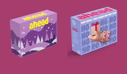 ahead Nutrition Adventskalender 2024 Packshots vor lila Hintergrund