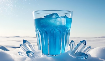 blauer Drink in einem Glas umgeben von Eis und Schnee