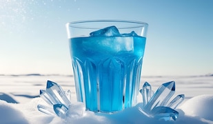 blauer Drink in einem Glas umgeben von Eis und Schnee