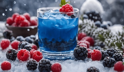 blaues Getränk in einem Glas mit Schnee und verschiedenen Beeren