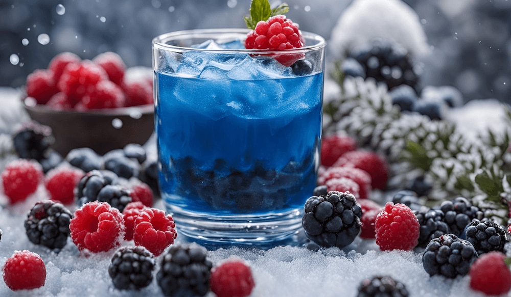 blaues Getränk in einem Glas mit Schnee und verschiedenen Beeren