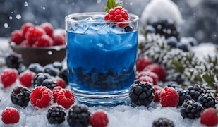 blaues Getränk in einem Glas mit Schnee und verschiedenen Beeren