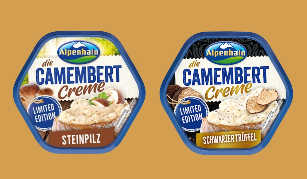 Camembert Creme Steinpilz und Schwarzer Trüffel, beiger Hintergrund