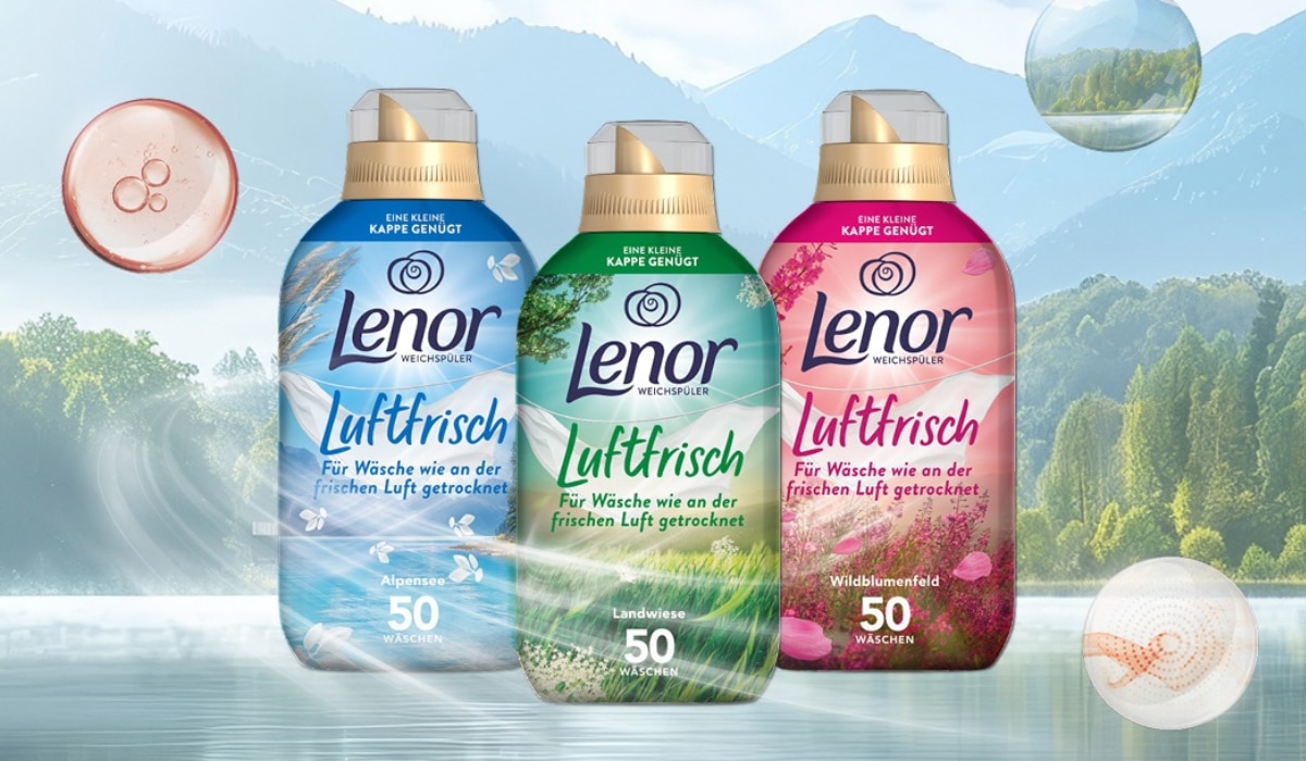 Lenor Luftfrisch Weichspüler in den Farben blau, grün, rosa