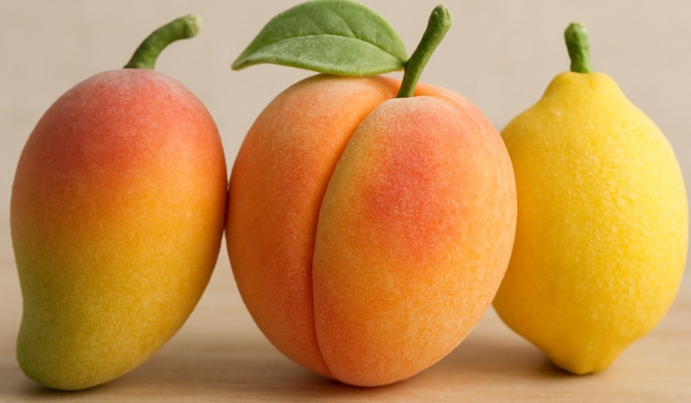 gefrorenes Eis-Dessert in der Optik von Mango, Zitrone und Pfirsich