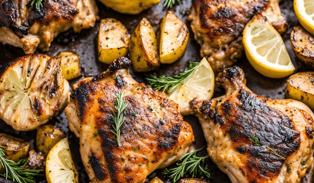 gegrillte Hühnchenschenkel mit Zitronen und Röstkartoffeln auf einem Backblech